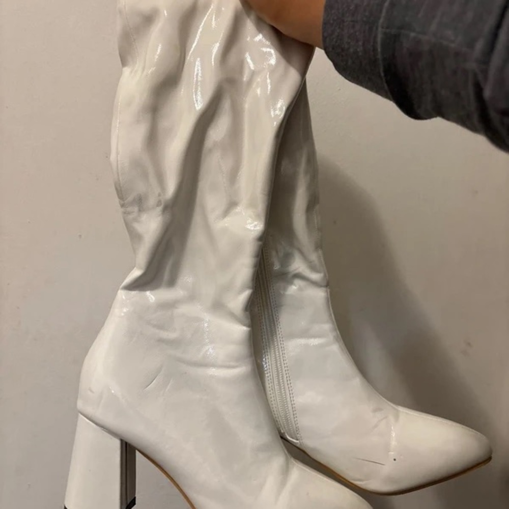 White Patent Knee-High Block Heel Boots with Side Zip